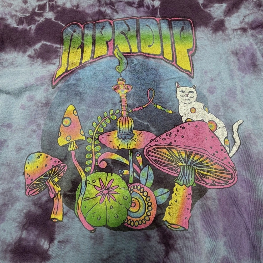 RIPNDIP Tie-Dye Cat & Mushroom Graphic Tee Blue Purple – Flaws – Size S